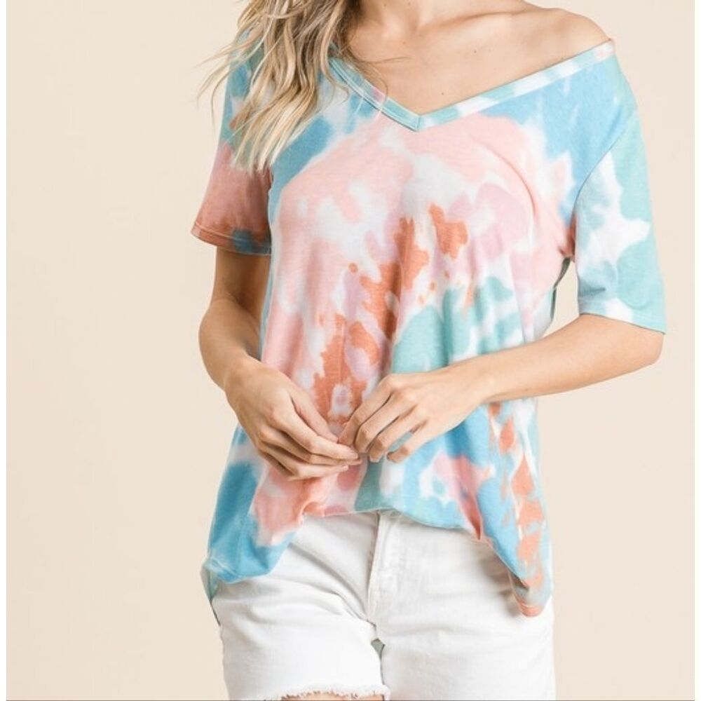 BiBi Circular Tie Dye Print V-Neck Top - Chic Boho Ruffle Knit Shirt